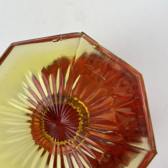 VTG Ruby Red Amberina Yellow Pressed Glass Pedestal Compote Candy Dish Scalloped - Picture 6 of 10
